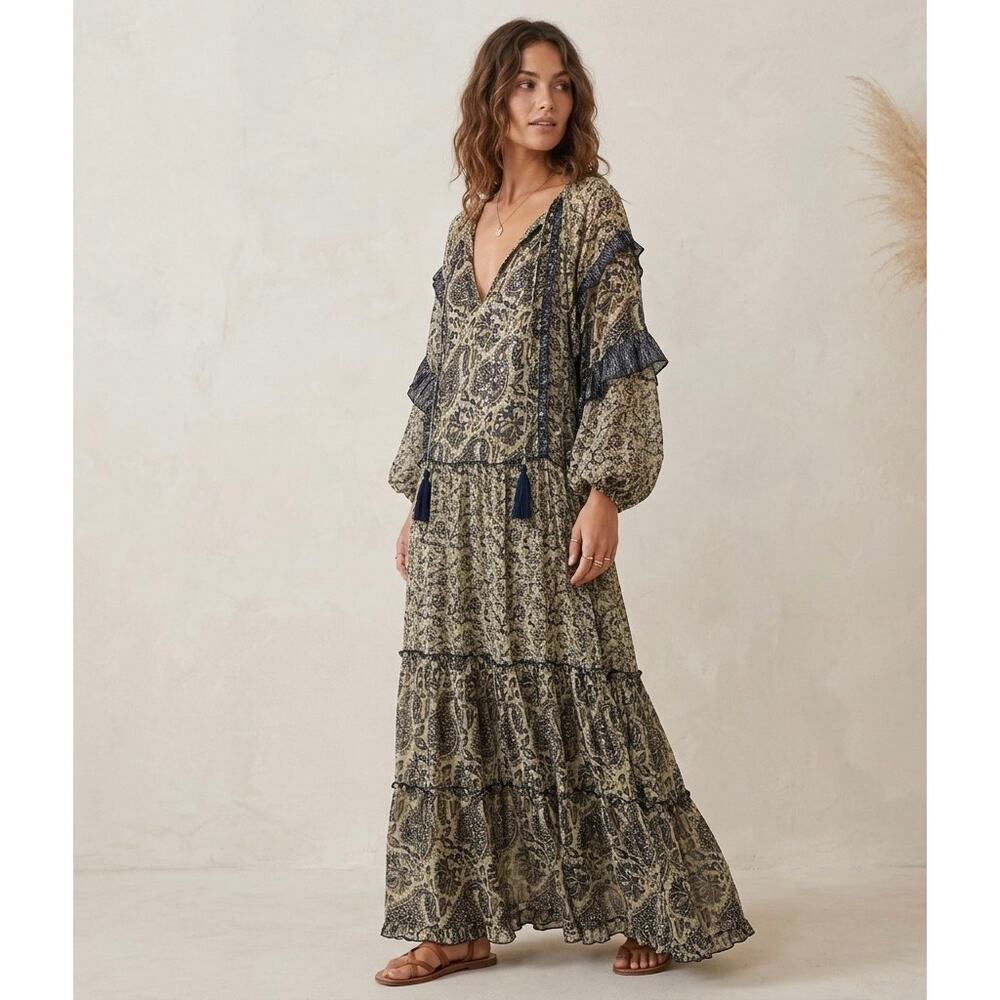 Miss June Paris Maxi Dress Boho Paisley Rayon Metallic Ruffle Long Sleeve OS
